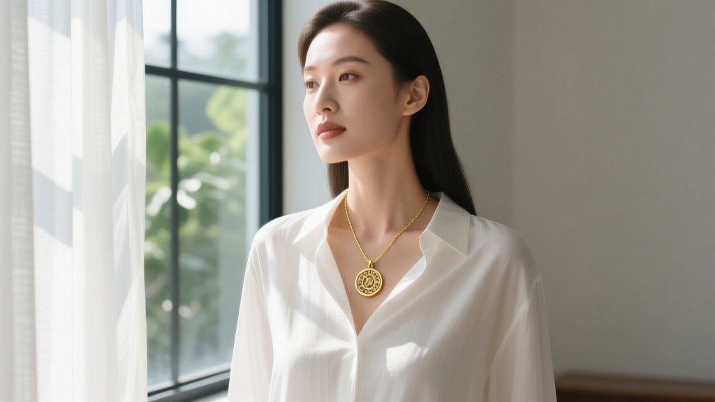 A woman wearing a delicate 18k solid gold pendant over a white linen shirt, bathed in bright natural sunlight near a window.