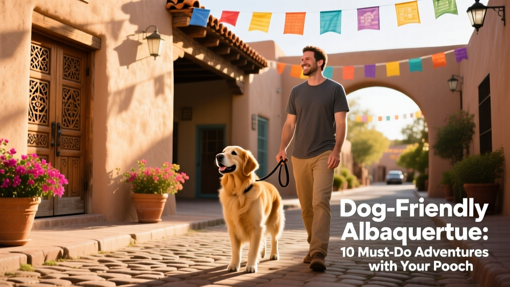 A golden retriever and owner pausing during a leisurely walk through historic Old Town Albuquerque, with adobe architecture and festive banners overhead.
