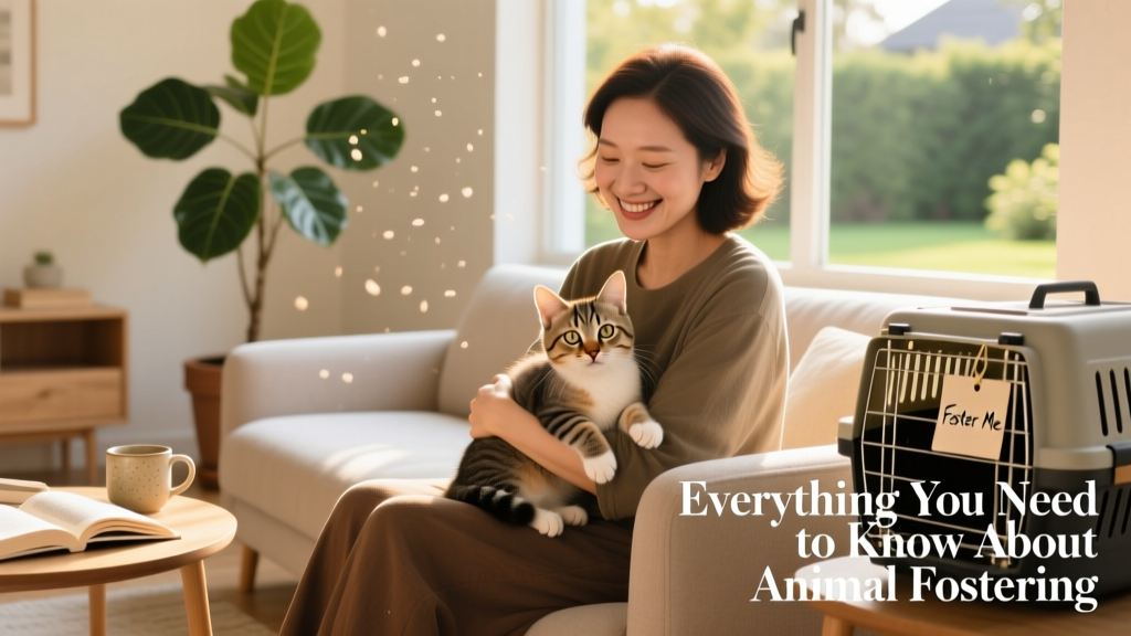 A smiling adult gently holding a calm, curious kitten on their lap in a sunlit living room