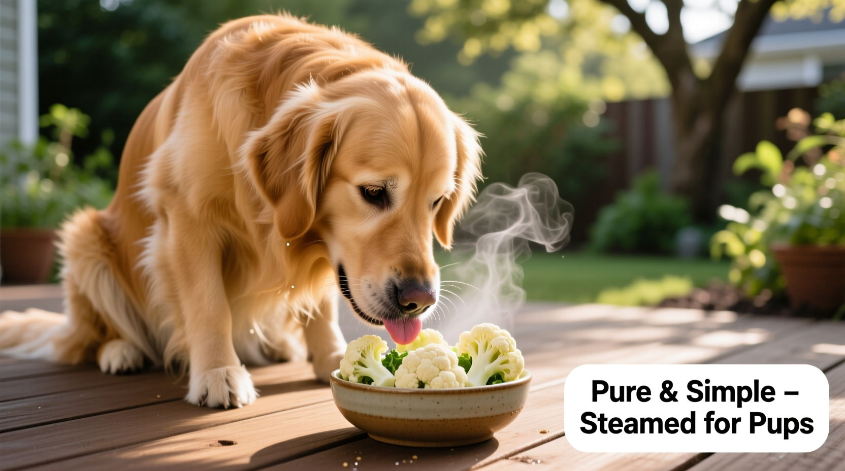 Golden Retriever eating steamed cauliflower pieces
