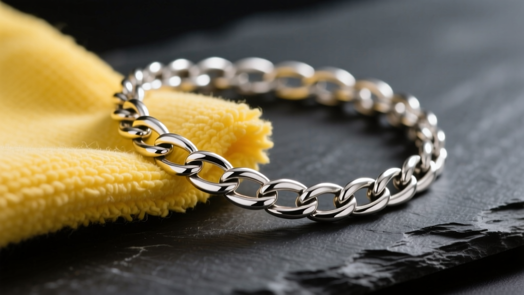Close-up of a yellow polishing cloth rubbing a tarnished 925 sterling silver chain bracelet on dark slate, soft studio lighting.