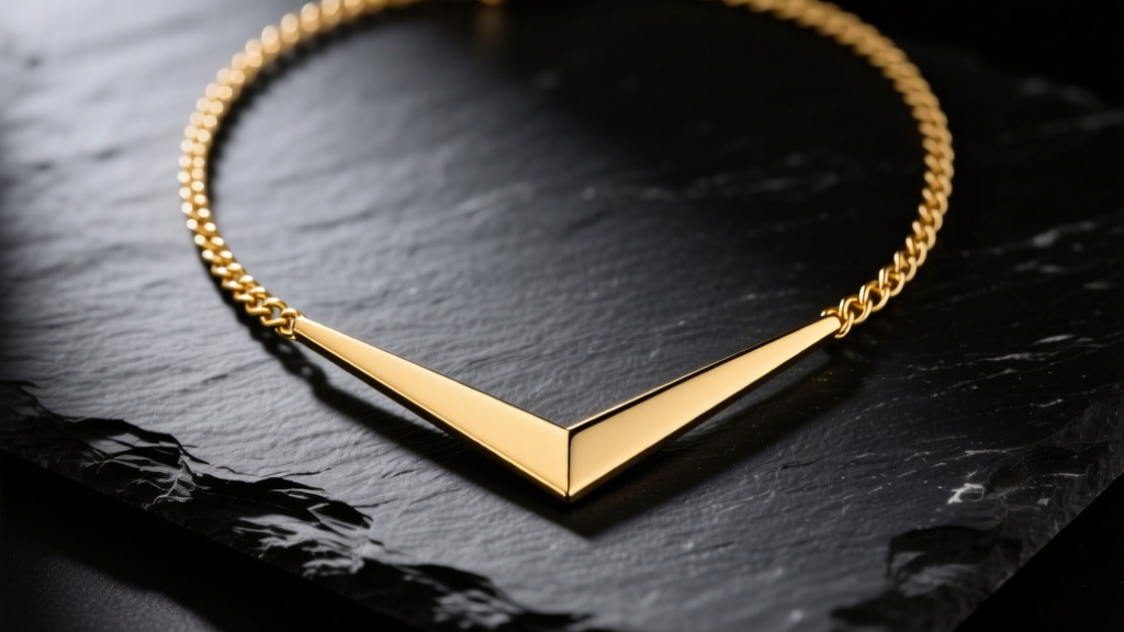 Polished 14k yellow gold chevron necklace on dark slate, showing the sharp V-shaped vertex and delicate cable chain in soft light.