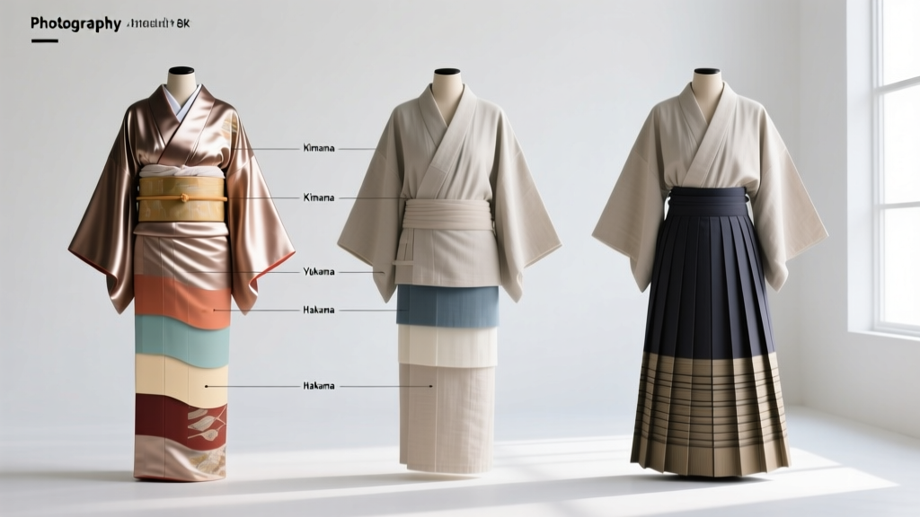 A side-by-side visual diagram illustrating the structural layers of a formal silk kimono, a casual cotton yukata, and a pleated hakama.