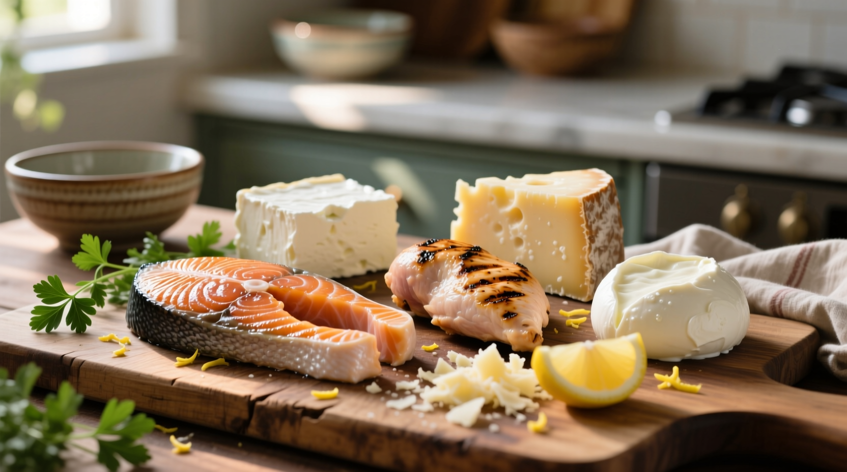 Lysine-rich foods including fish, chicken, and dairy products arranged naturally