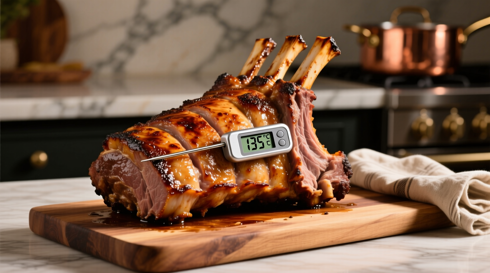 Perfectly cooked standing rib roast with thermometer reading