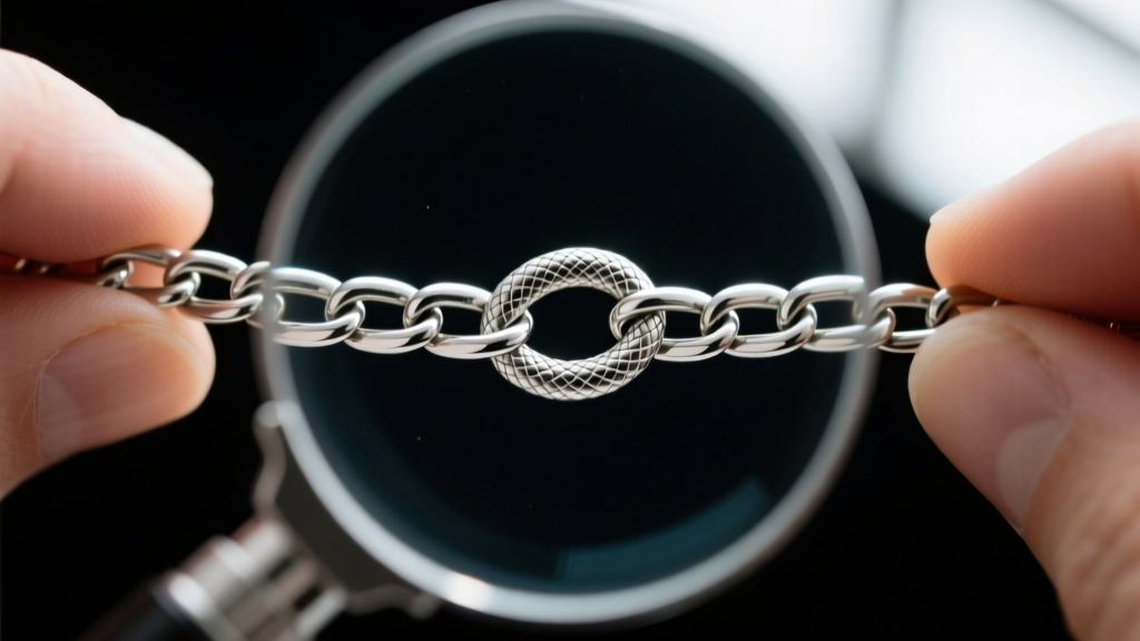Loupe examining a kinked 1.2mm silver snake chain on dark velvet, showing the permanent bend in the tightly woven metal links.