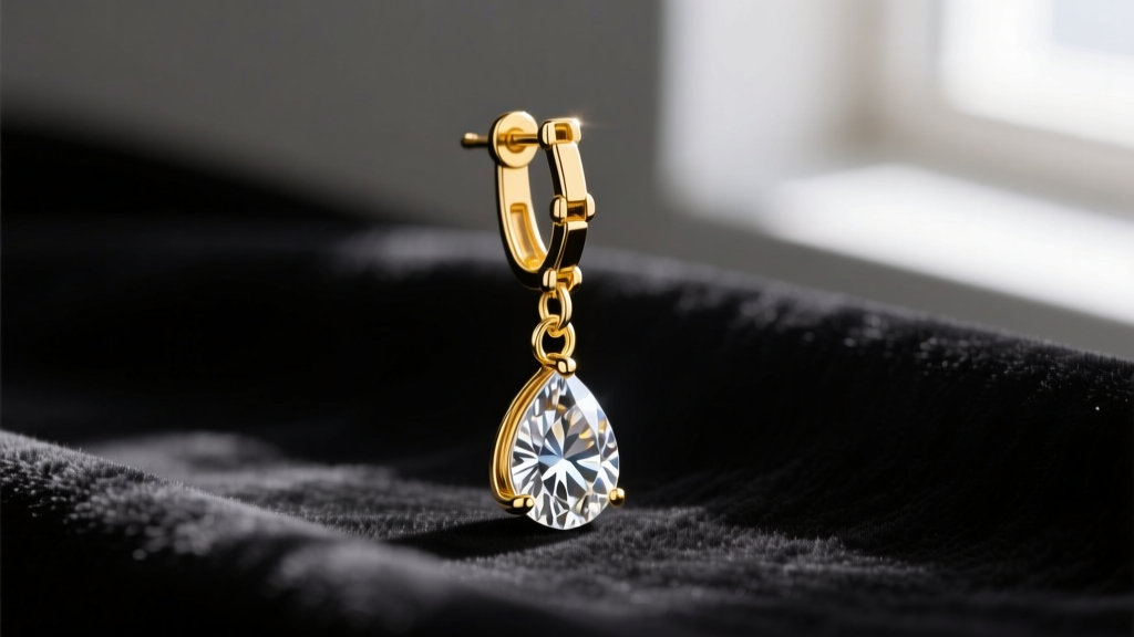 Macro shot of 18k yellow gold articulated drop earring with a pear-cut diamond suspended from a delicate chain link on dark velvet