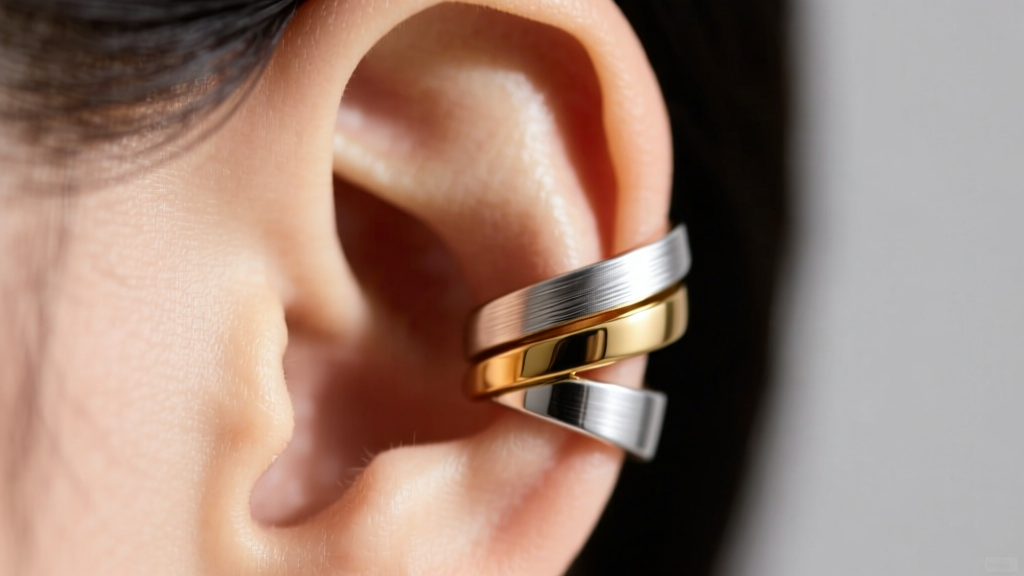 Macro shot of an 18-gauge mixed-metal ear cuff wrapping around upper helix cartilage, featuring brushed silver and polished gold