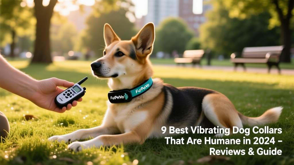 Hand holding the FurPetVo E-Collar remote next to a relaxed dog wearing the matching collar during a quiet park training session