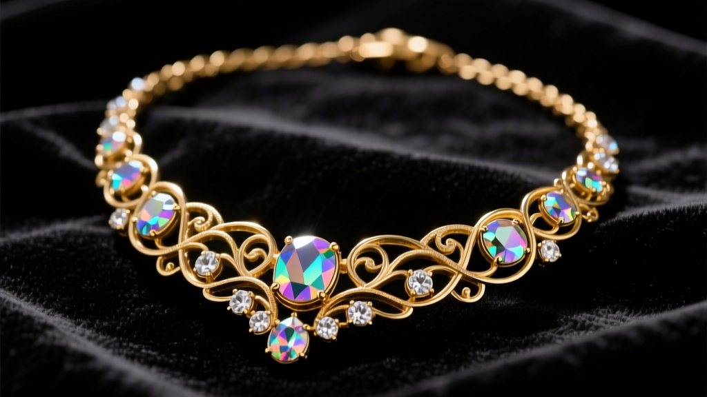 Vintage gold Bogoff necklace on black velvet, showing detailed filigree and sparkling foil-backed aurora borealis rhinestones.