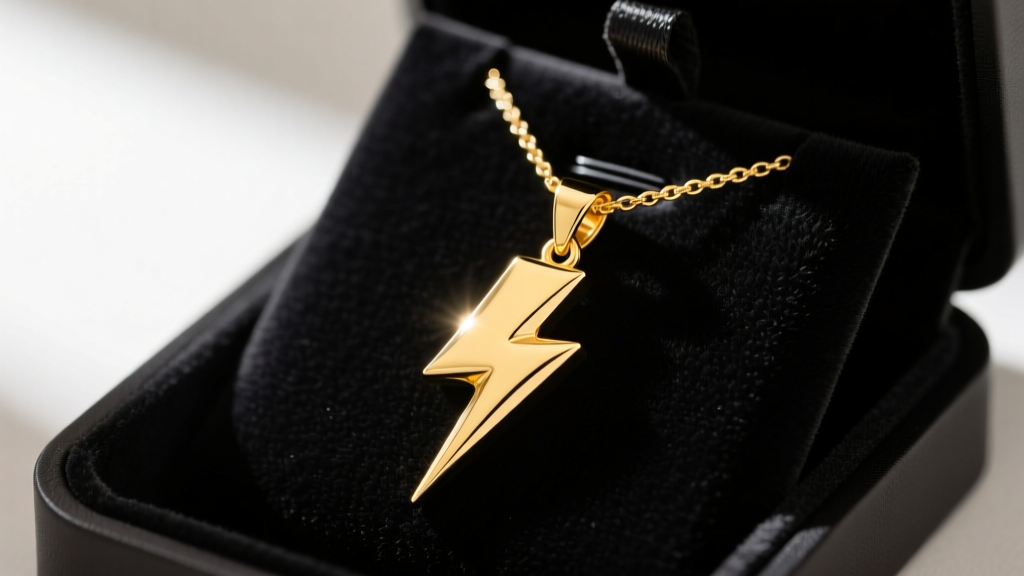 Macro shot of a solid 14k yellow gold lightning bolt pendant on a fine cable chain, resting on a dark velvet jewelry display tray.