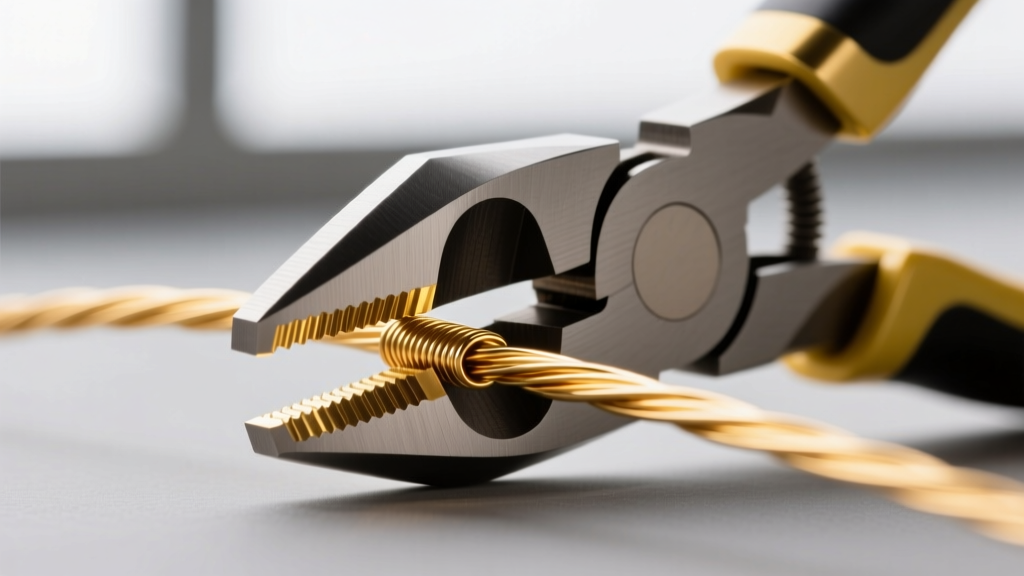 Close-up of 14/20 gold-filled wire cut with heavy-duty tungsten carbide flush cutters, revealing the bright brass inner core edge