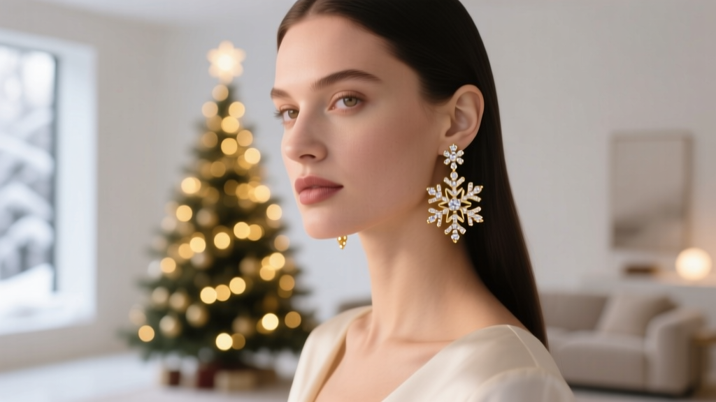 Model wearing 18k gold snowflake drop earrings with pavé diamonds, standing near a blurred Christmas tree with warm bokeh.