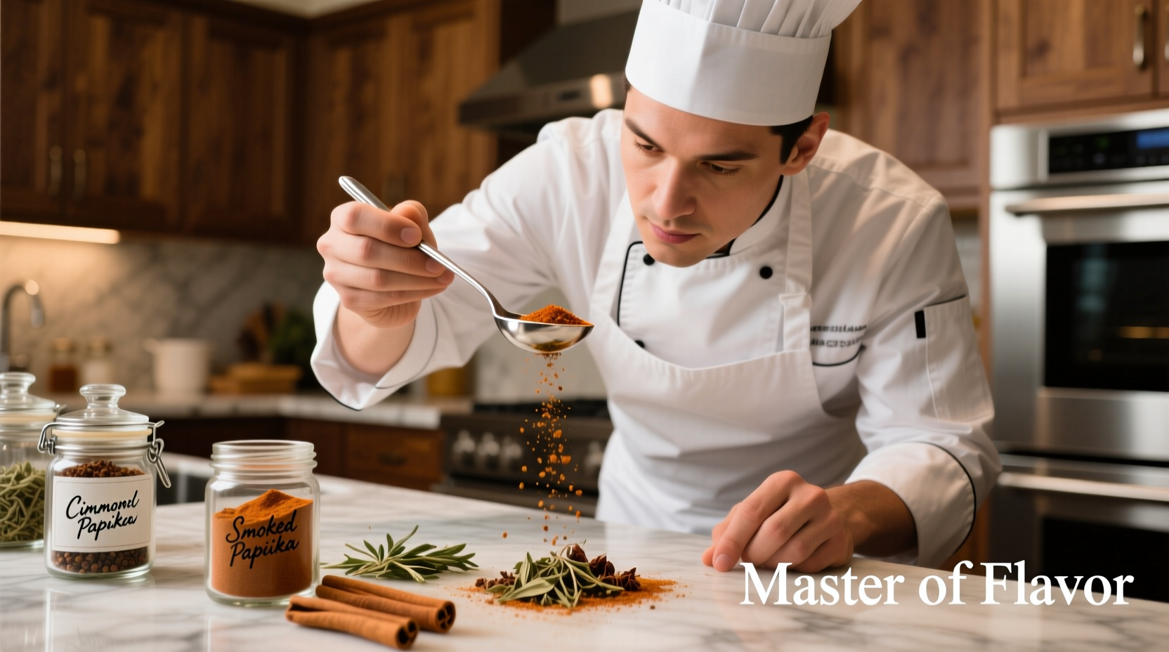 Professional chef measuring spices with teaspoon