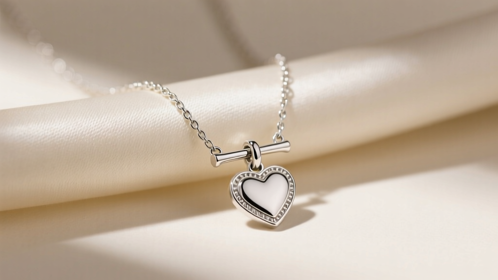 Sterling silver James Avery heart toggle necklace on cream silk, showing the T-bar clasp and heart charm in soft lighting.