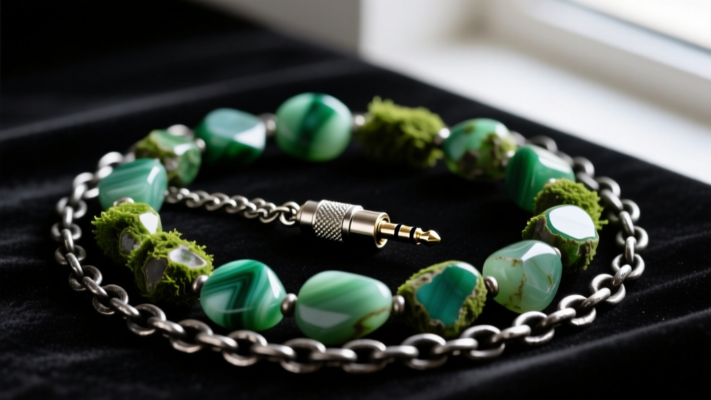 Raw moss agate beads layered with oxidized silver gothic chains and a vintage audio-jack pendant resting on dark black velvet