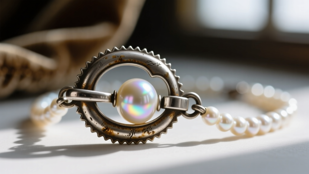 Close-up of an antique C-clasp on a tarnished silver pearl necklace, highlighting historical jewelry construction and dark patina