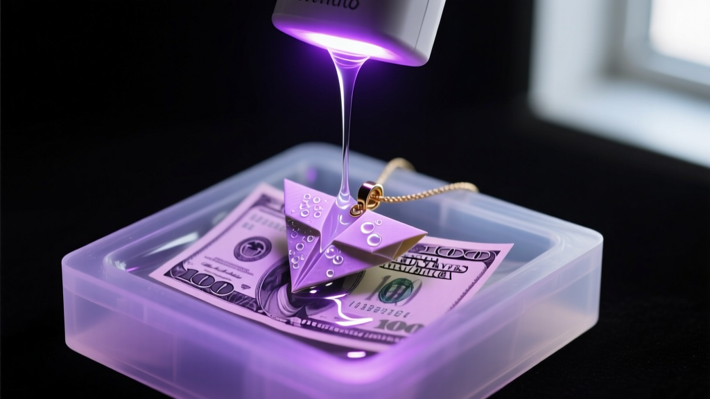 Macro shot of applying clear UV resin over a folded paper currency pendant using a silicone mold under a glowing purple UV lamp.