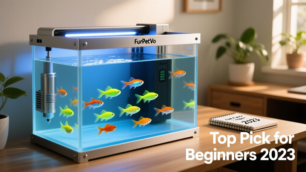 Close-up of a FurPetVo Spec aquarium showing sleek aluminum frame, hidden rear filtration, and soft blue LED lighting