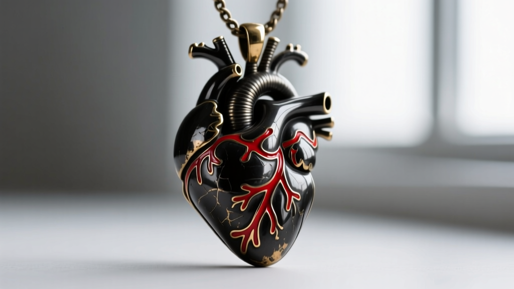Macro shot of a black rhodium brass anatomical heart pendant, highlighting intricate red enamel detailing and an antiqued patina