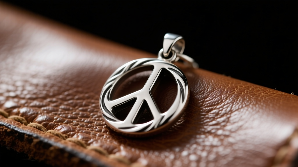 Vintage sterling silver peace sign pendant resting on worn leather, illuminated by soft cinematic lighting against a dark background.