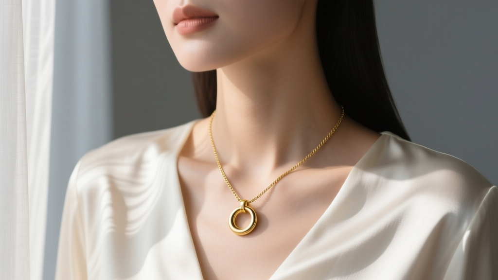 Close-up of a woman wearing a layered 14k gold D necklace with a minimalist cable chain, resting on a silk blouse in soft light