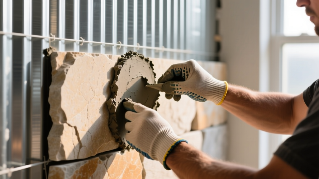 Close-up of a mason applying Type S mortar to the back of a natural limestone veneer piece before pressing it onto a galvanized lath wall.
