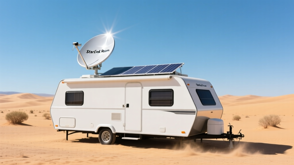 White travel trailer parked in desert with Starlink Roam dish on roof and solar panels gleaming in bright afternoon sun.