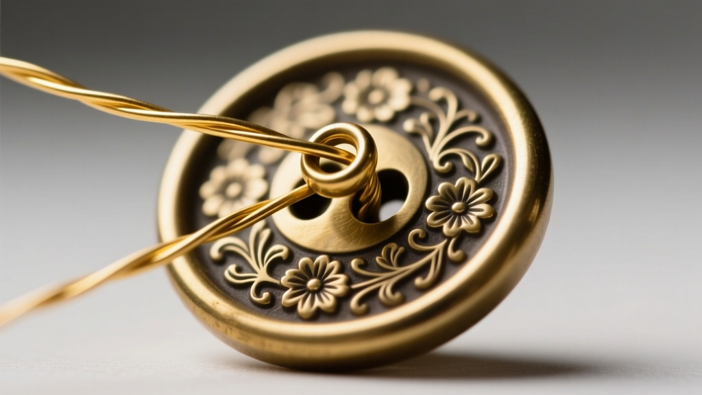 Macro photography of a 24-gauge gold-filled wire being looped through the shank of a heavy stamped brass Victorian button.