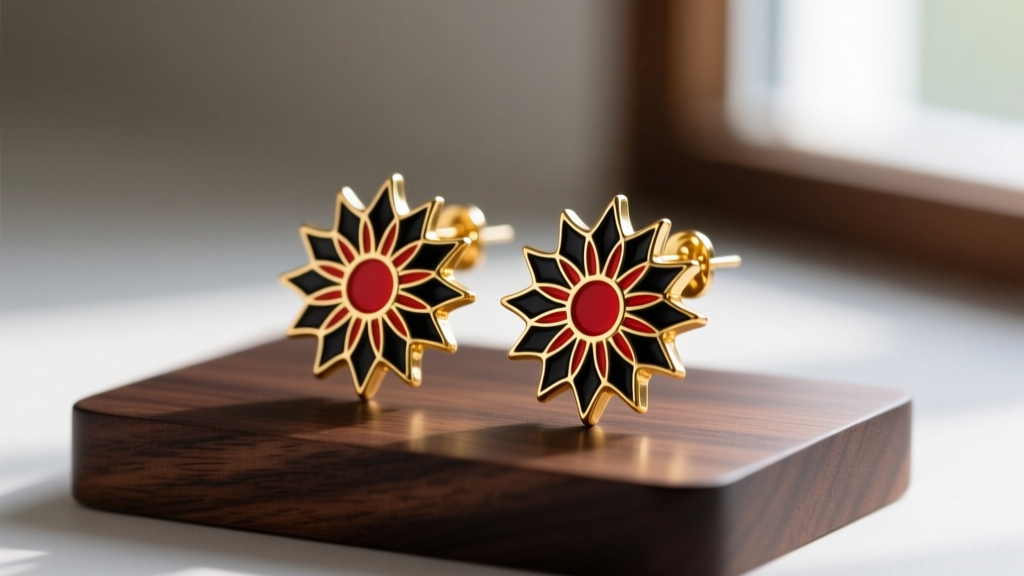 Close-up of gold-plated Hanafuda earrings with a black and red sunburst enamel design resting on a dark wooden display stand.
