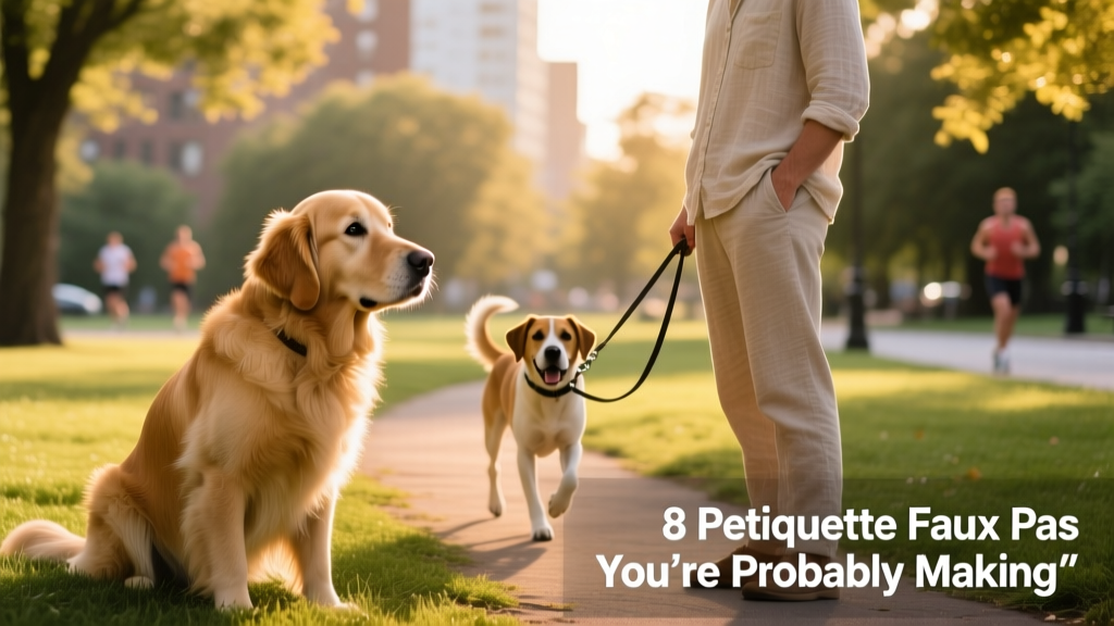 A dog calmly looking at its owner instead of barking at another dog passing by on a leash
