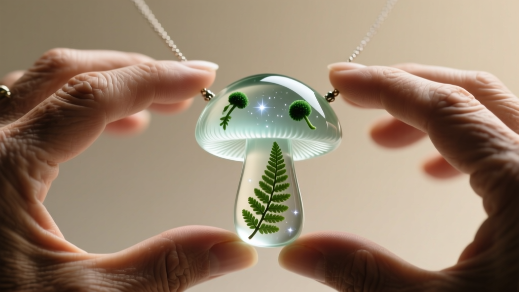 Artisan hands holding a translucent epoxy resin mushroom necklace containing preserved fern spores, illuminated by soft studio light.