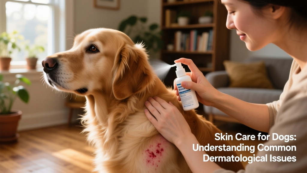 Dog owner applying a gentle, vet-approved medicated spray to their dog’s shoulder area