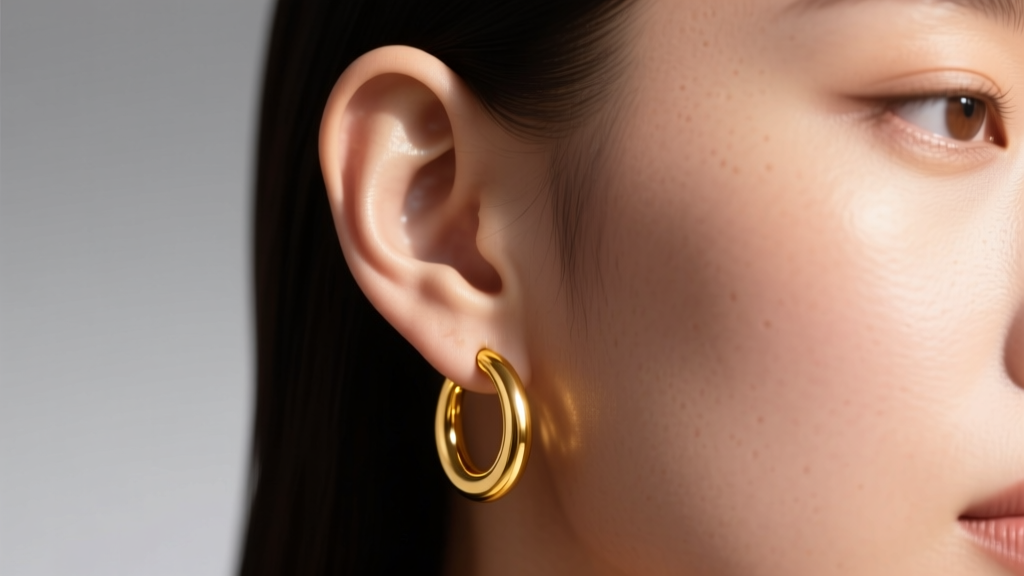 Close-up of a lobe wearing 14k yellow gold huggie earrings, soft natural window light highlighting the warm metal reflection.