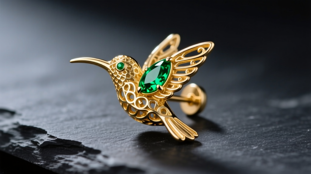 Close-up of a 14k gold hummingbird stud earring with emerald wings on dark slate, lit by soft directional studio lighting