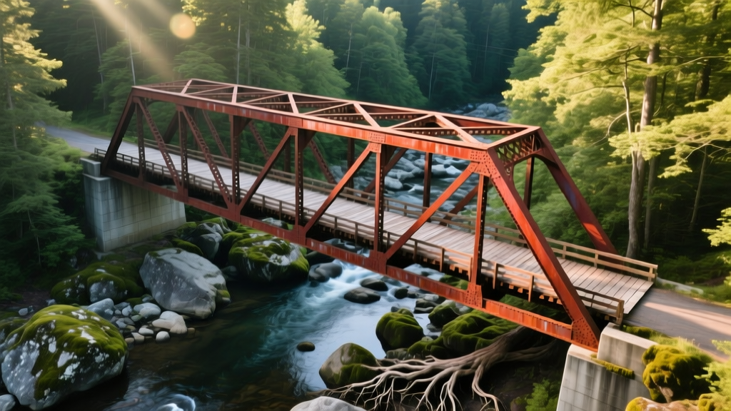 Aerial view of a weathering steel truss bridge spanning a rocky creek with a timber deck and concrete abutments in a forested setting.