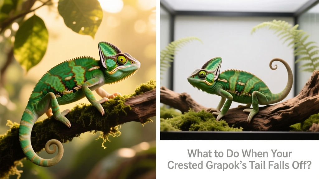 Side-by-side comparison: healthy crested gecko with intact tail versus same-species gecko living comfortably without a tail