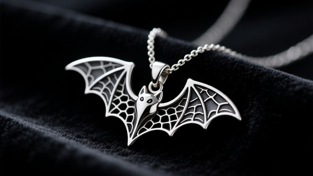 Sterling silver bat pendant necklace on black velvet, showing intricate wing webbing and a dark oxidized finish in moody lighting