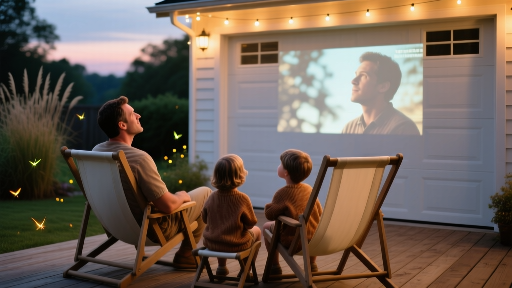 A father and kids sitting in lawn chairs in a dimly lit backyard, watching a movie projected onto a white garage door.