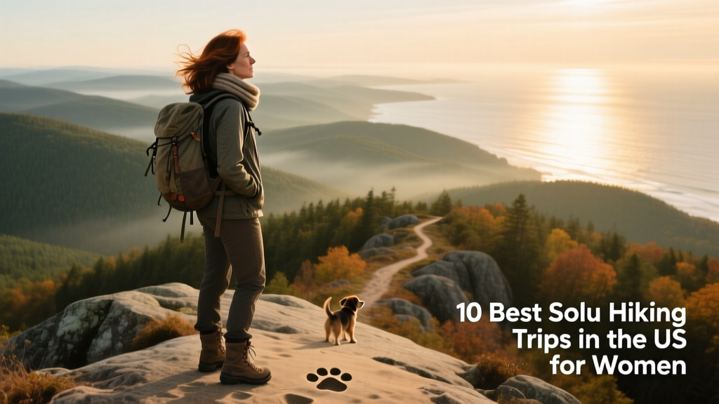 Solo female hiker pausing on a granite ridge in Maine, overlooking layered forested hills and distant coastline