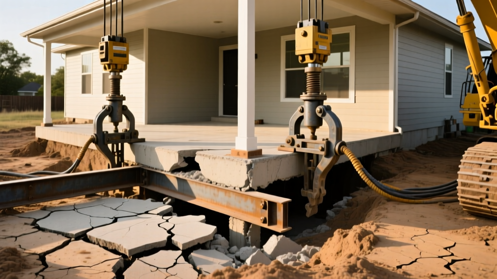 Heavy-duty hydraulic jacks lifting a cracked concrete slab foundation on a Houston home surrounded by expansive clay soil