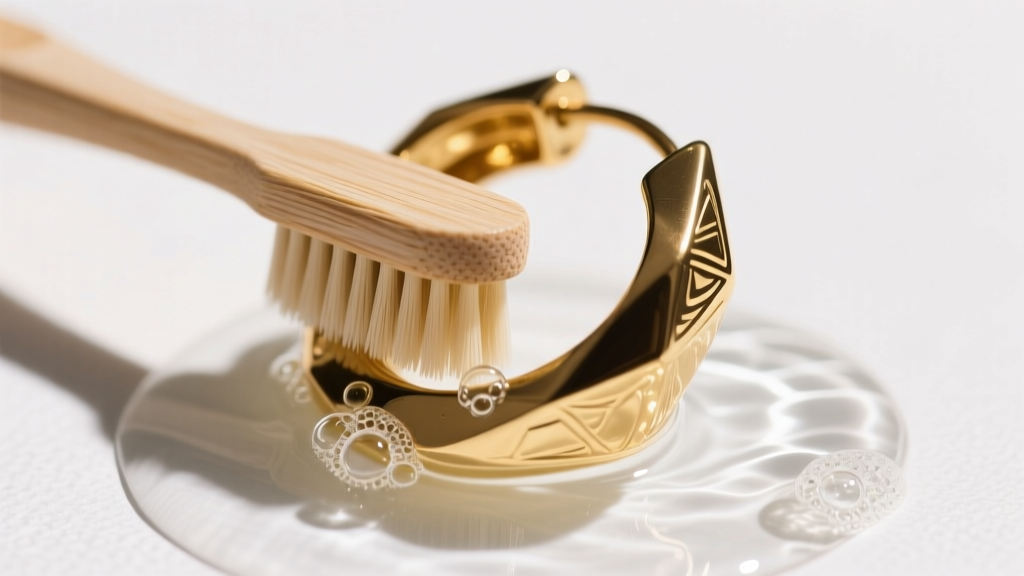 Soft toothbrush gently scrubbing the interior of a hollow 18-gauge Mexican gold hoop earring submerged in mild warm soapy water.