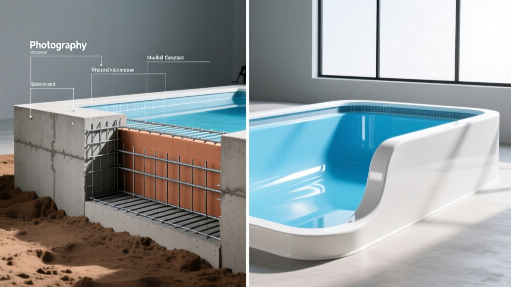 Cross-section blueprint comparing steel-rebar reinforced gunite concrete pool shell next to a glossy molded fiberglass pool insert