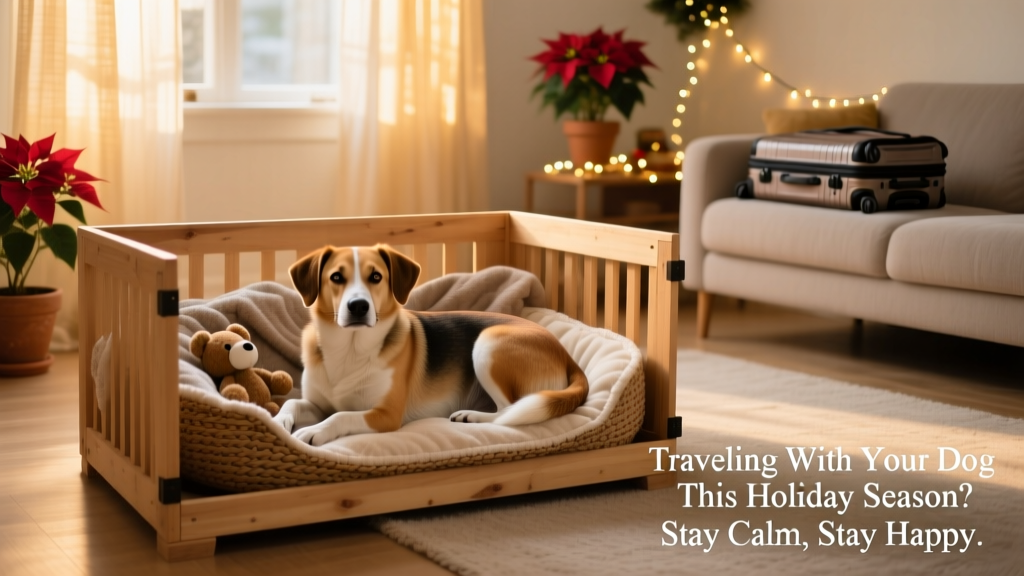 Dog calmly resting inside a cozy, open crate filled with blankets and toys