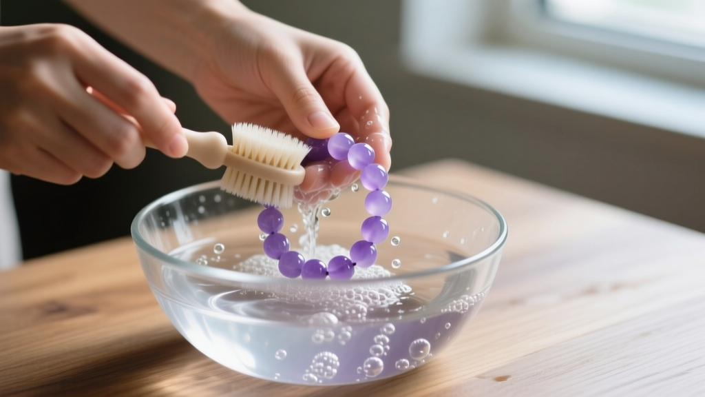 Hands gently washing a lavender jade bead bracelet in a glass bowl of lukewarm soapy water using a soft baby-hair brush