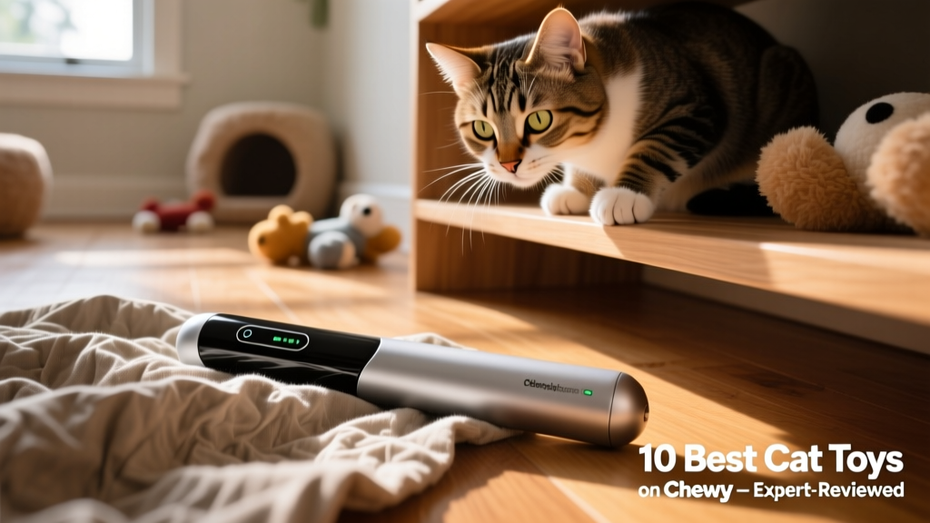 An electronic teaser wand under crinkly fabric, with a cat intently watching from above