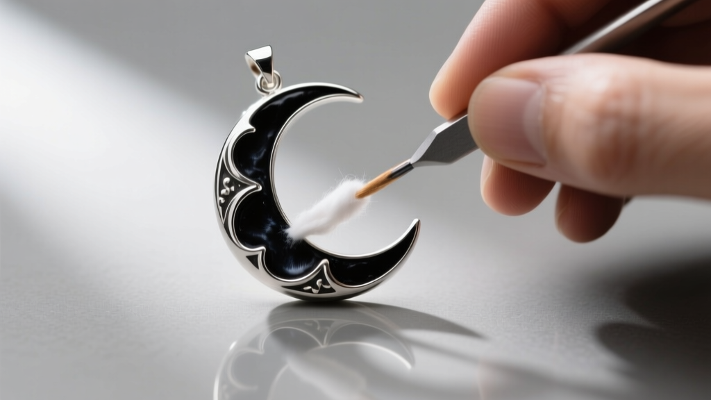 Jeweler applying liver of sulfur patina with a swab to a crescent moon silver pendant, highlighting the dark oxidized recesses.