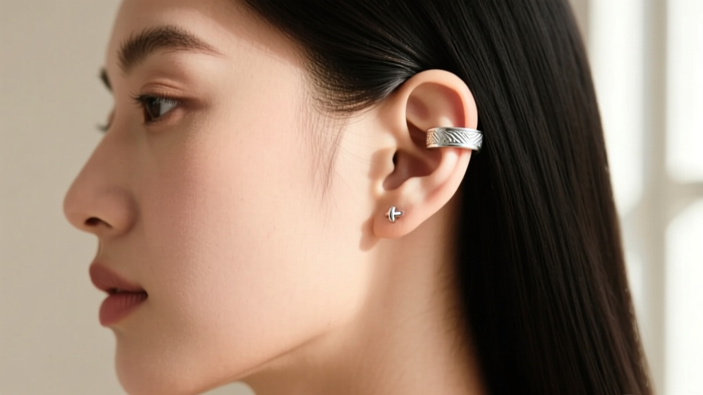 Side profile of a model wearing an adjustable sterling silver cartilage cuff, showing proper placement on the upper helix ridge.