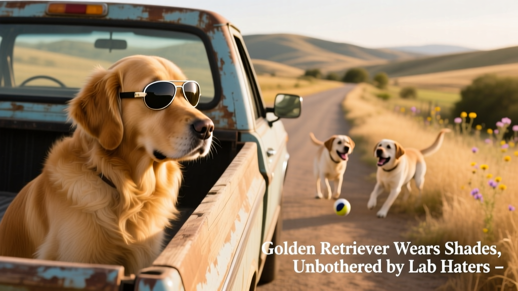 Golden Retriever wearing stylish sunglasses, sitting calmly in the back of a pickup truck