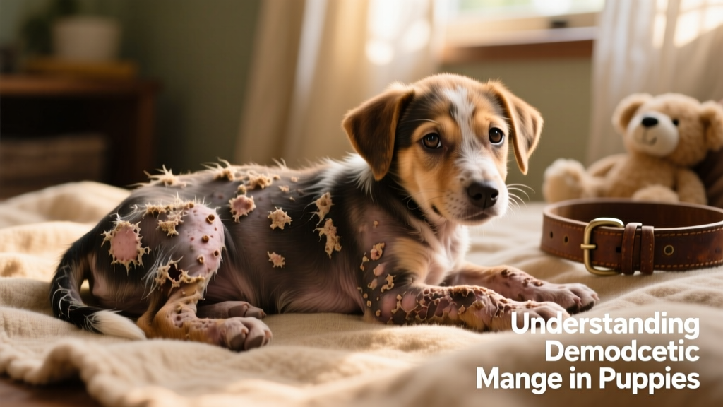 Puppy with generalized demodectic mange showing extensive hair loss, crusted skin, and inflamed pustules along the back and flank
